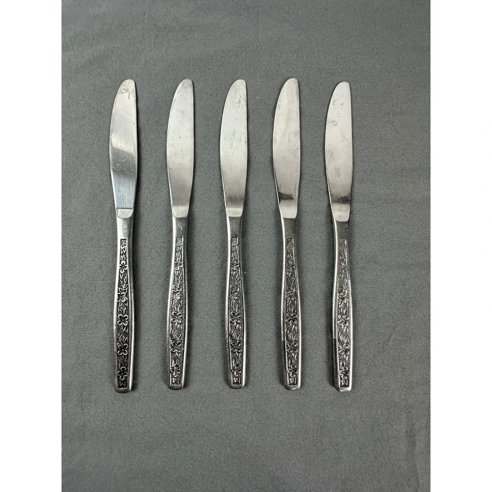 5 Vintage Rogers Co Stainless Steel Dinner Knives 8.5